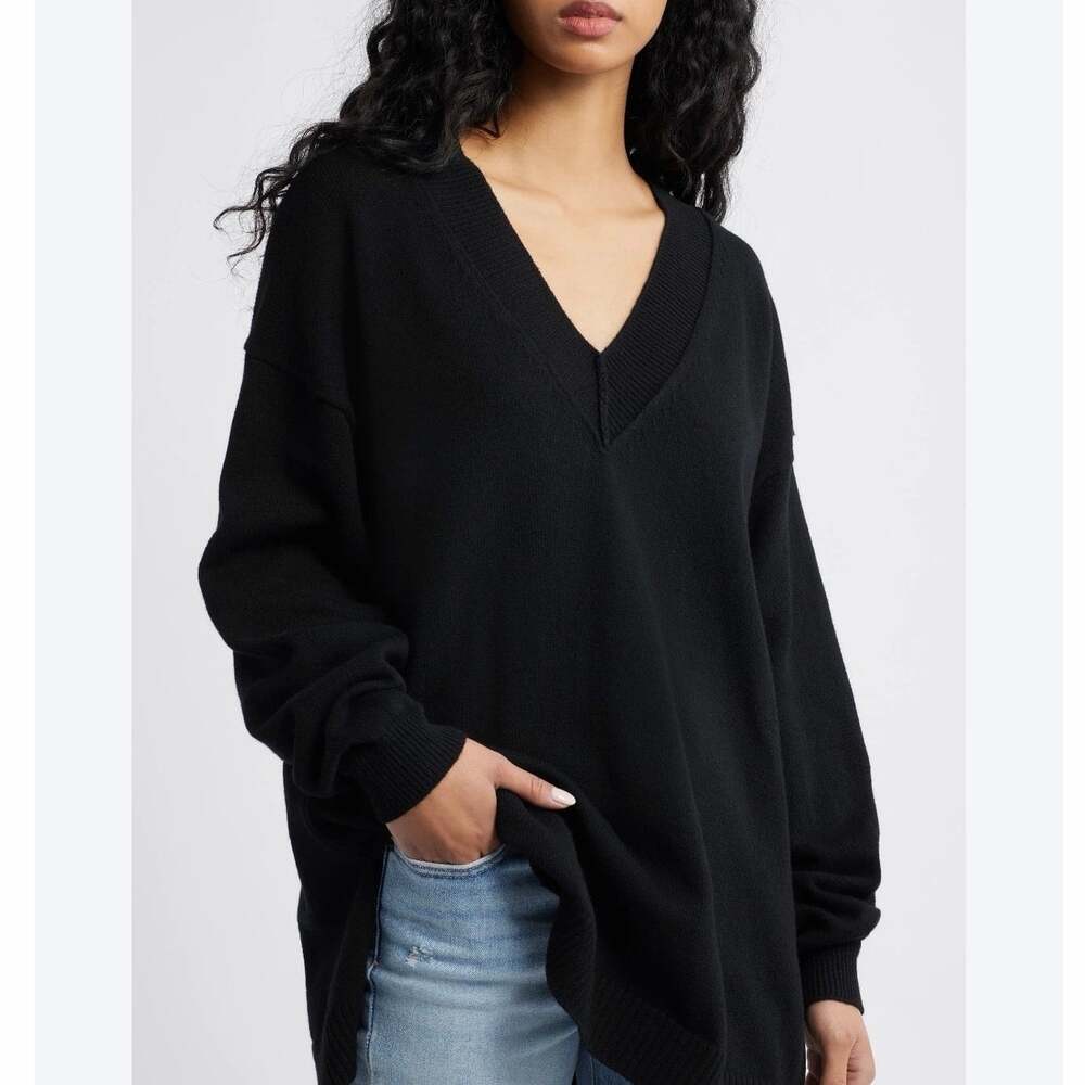 Free People FP Beach Womens Small Black V Neck Oversized Tunic Sweater Pockets